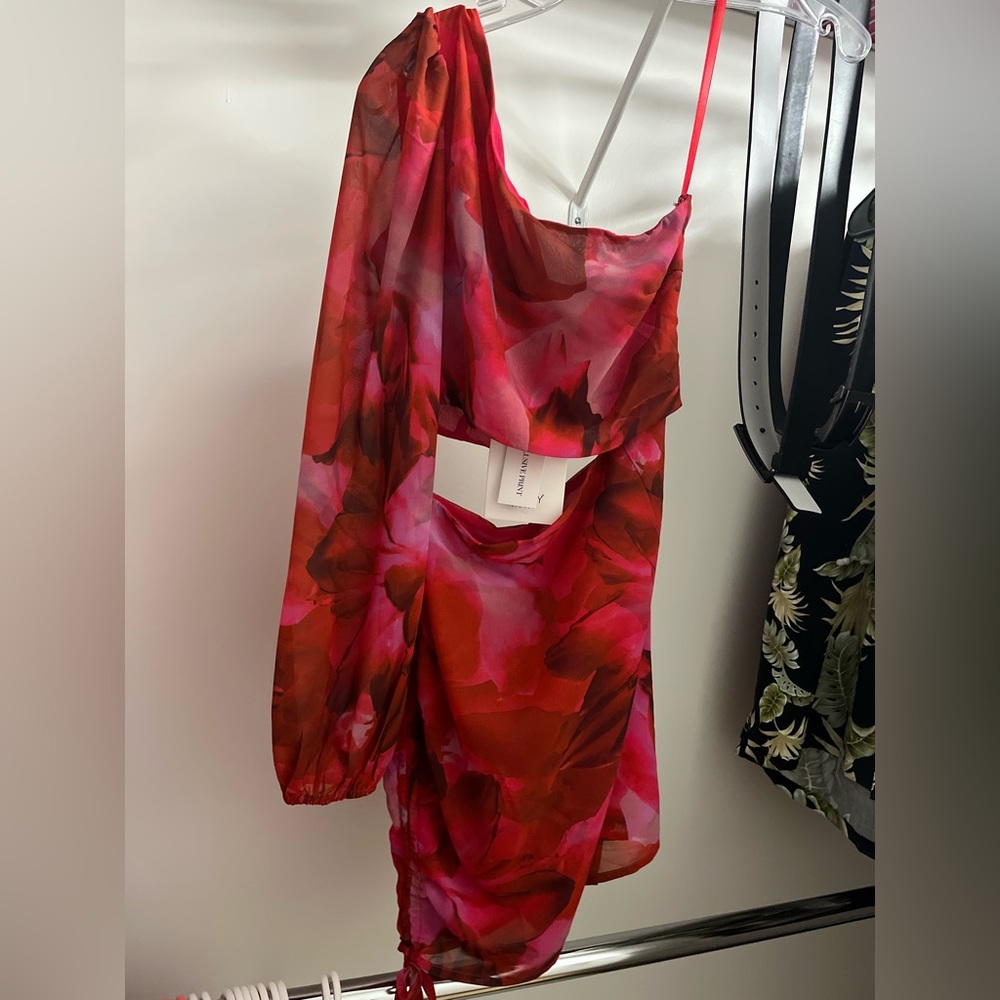 Red & Pink Floral Cut-Out One Shoulder Dress